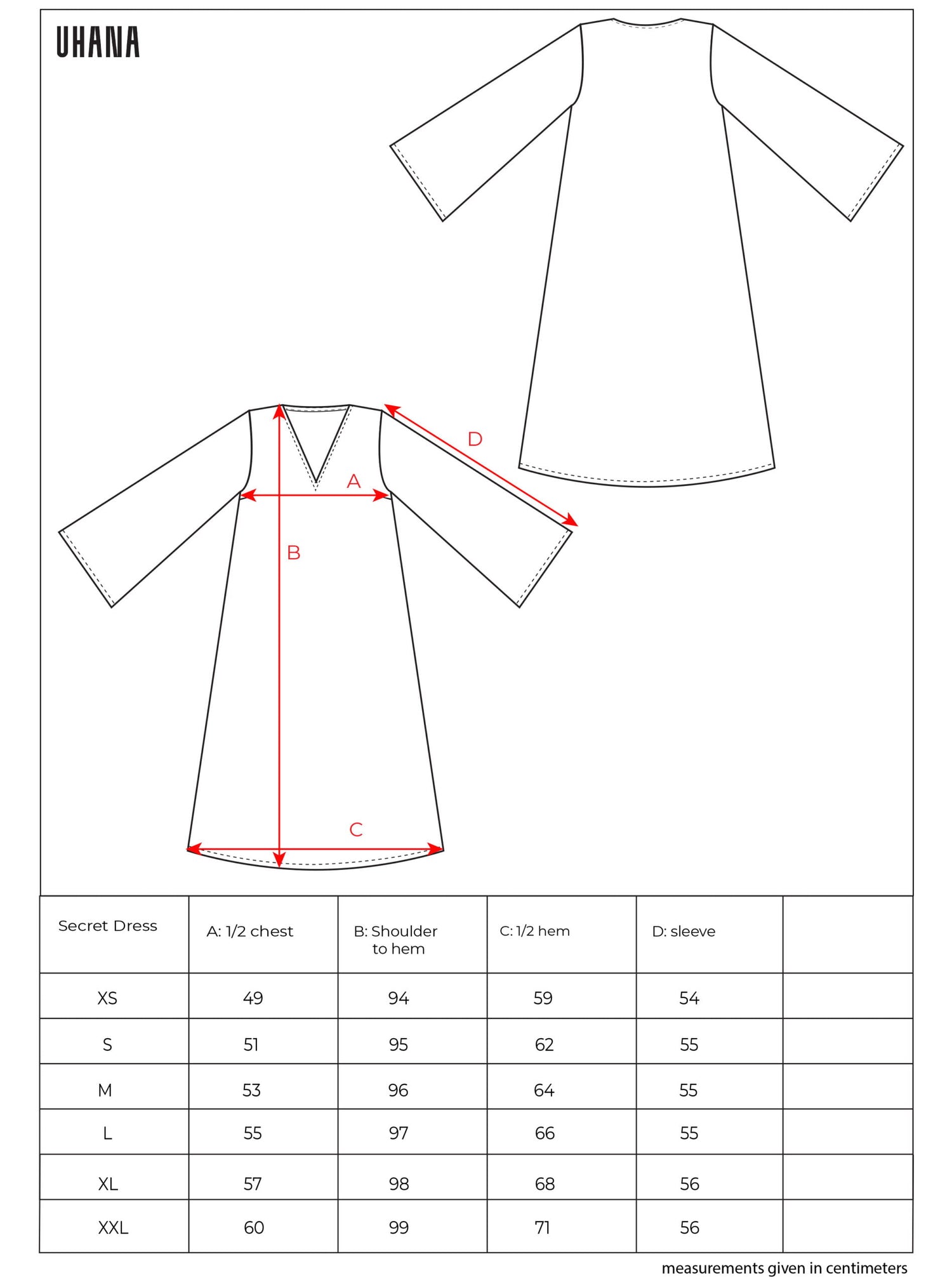 Uhana Secret Dress Size Chart